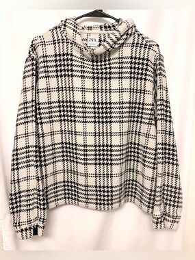 Zara Textured Plaid Cowl Neck Sweater | Black & Cream | Size S/M